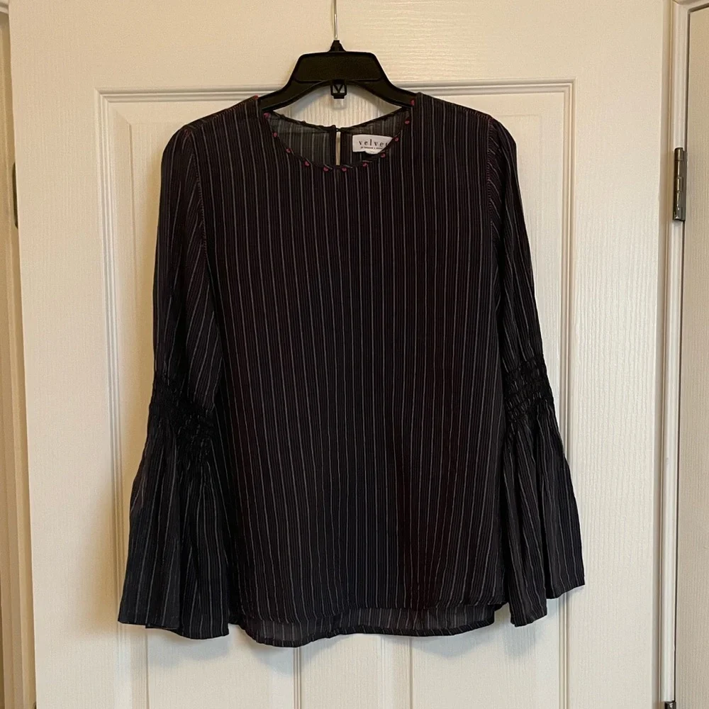 VELVET BY GRAHAM & SPENCER Navy and Red Striped Blouse with Bell Sleeves